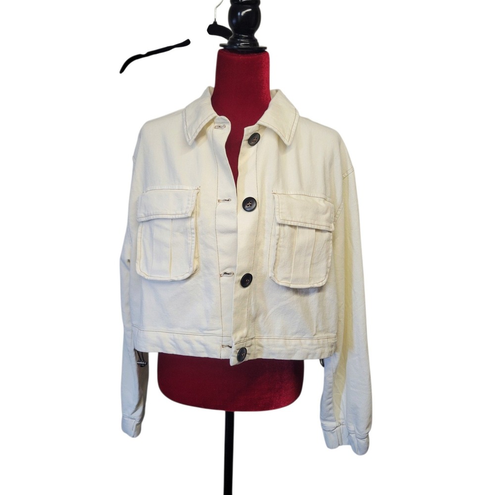 C'est Toi Womens Cream Cropped Denim Utility Jacket Off-White Size M NWT
